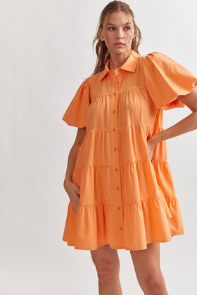 Solid Button Up Tiered Mini Dress W/Puff Sleeves