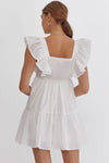 Solid Square Neck Baby Doll Dress W/Ruffle Sleeves