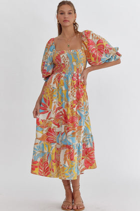 Tropical Print Square Neck Half Sleeve Midi Dress