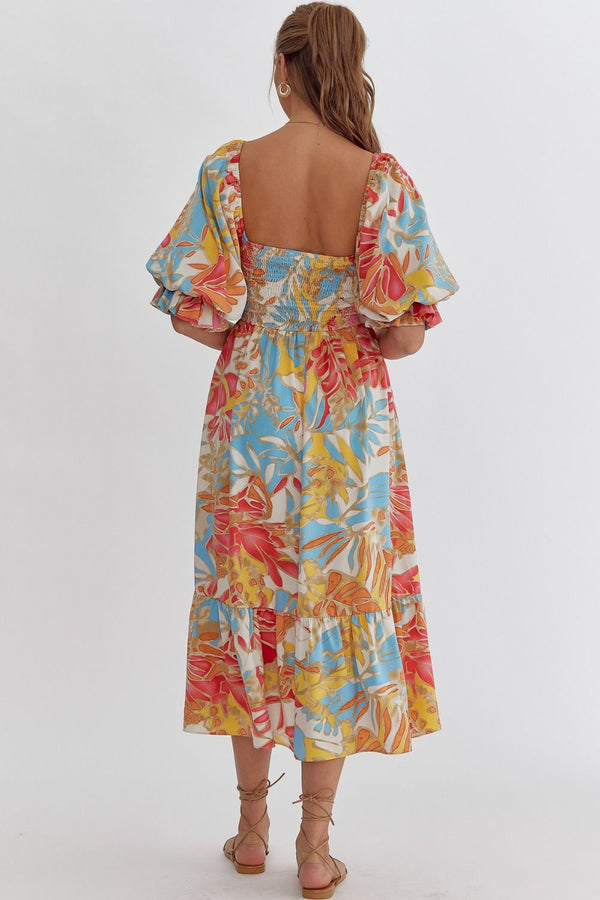 Tropical Print Square Neck Half Sleeve Midi Dress
