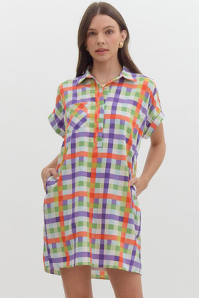 Colorblocked Collared Button Up Mini Dress