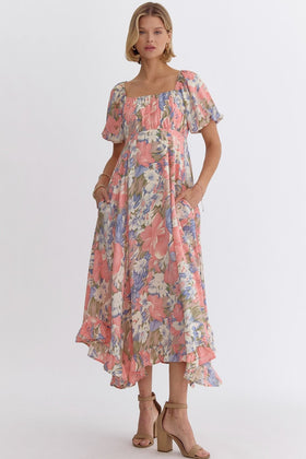 Floral Square Neck Short Sleeve Midi Dress