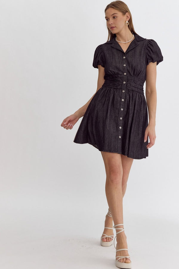 Denim Short Sleeve Button-Up Mini Dress