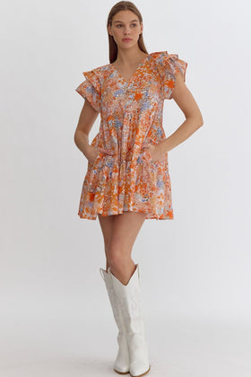 Floral Print V-Neck Ruffle Sleeve Mini Dress