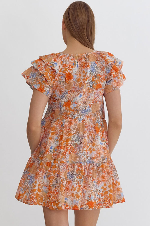 Floral Print V-Neck Ruffle Sleeve Mini Dress