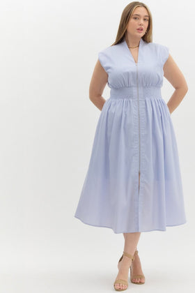Solid N-Neck Sleeveless Midi Dress Dual Zipper at Front