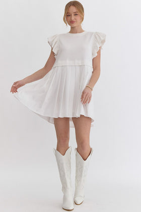 Solid Round Neck Ruffle Sleeve Mini Dress