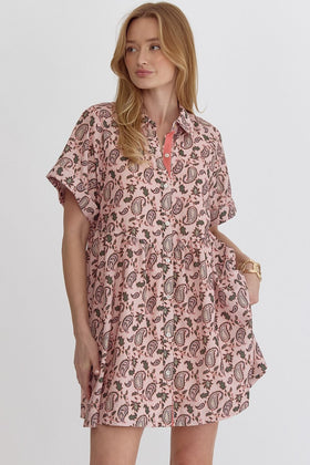 Paisley Print Collared Button Up Short Sleeve Mini Dress