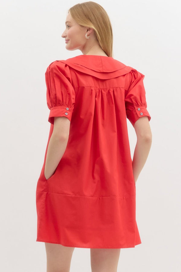 Solid Cuff Band Short Puff Sleeve Pullover Dress