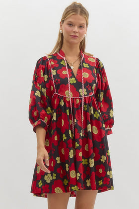 Floral Print ¾ Sleeve Pullover Babydoll Dress