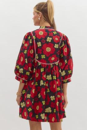 Floral Print ¾ Sleeve Pullover Babydoll Dress