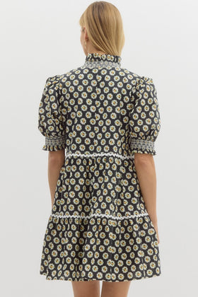 Floral Medallion Print Pullover Tiered Mini Dress