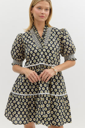 Floral Medallion Print Pullover Tiered Mini Dress