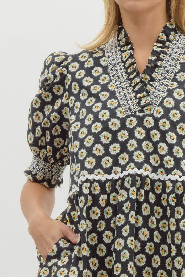 Floral Medallion Print Pullover Tiered Mini Dress