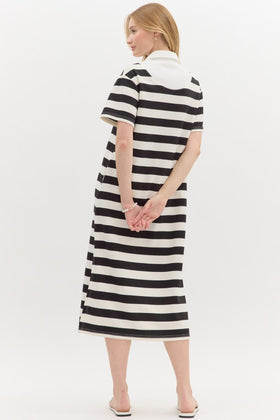Stripe Pattern SS Side Slit Hem Pullover Midi Dress