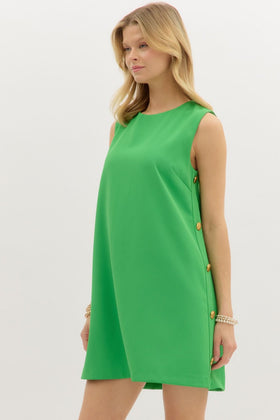 Solid Sleeveless Pullover Mini Shift Dress W/Gold Accented Buttons Along Side