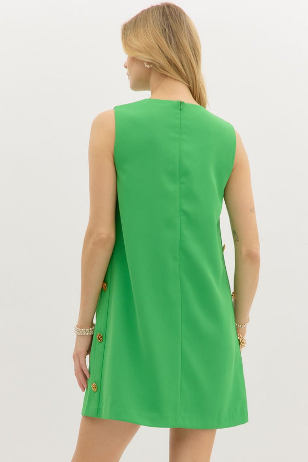 Solid Sleeveless Pullover Mini Shift Dress W/Gold Accented Buttons Along Side