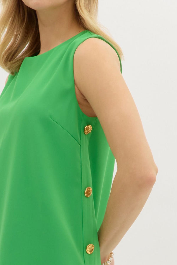 Solid Sleeveless Pullover Mini Shift Dress W/Gold Accented Buttons Along Side