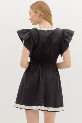 Solid Flutter Sleeve Pullover Mini Dress W/Wave Pattern Applique