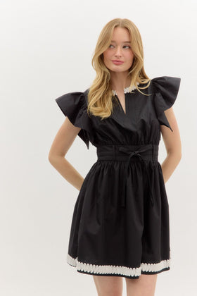 Solid Flutter Sleeve Pullover Mini Dress W/Wave Pattern Applique