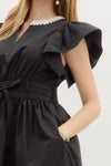 Solid Flutter Sleeve Pullover Mini Dress W/Wave Pattern Applique