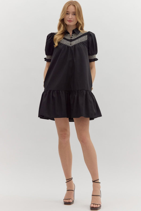 Solid Embroidered Smocked Cuff SS Mini Dress