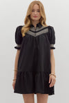 Solid Embroidered Smocked Cuff SS Mini Dress