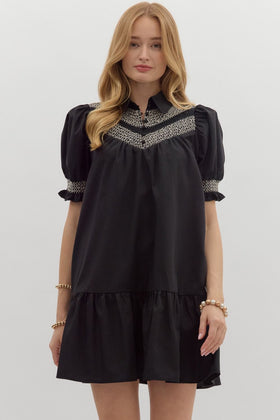 Solid Embroidered Smocked Cuff SS Mini Dress