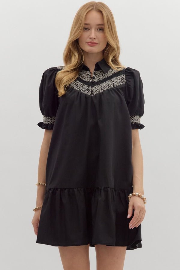 Solid Embroidered Smocked Cuff SS Mini Dress