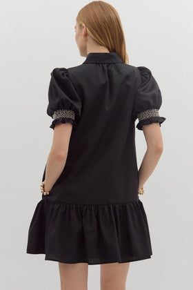 Solid Embroidered Smocked Cuff SS Mini Dress