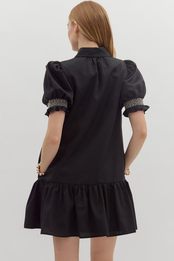 Solid Embroidered Smocked Cuff SS Mini Dress