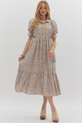 Floral Print Button Front Closure Midi Dress