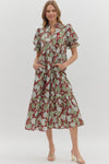 Floral Print Ruffle Finish Short Puff Sleeve Tiered Pullover Midi Dress