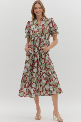 Floral Print Ruffle Finish Short Puff Sleeve Tiered Pullover Midi Dress