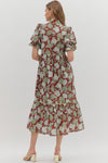 Floral Print Ruffle Finish Short Puff Sleeve Tiered Pullover Midi Dress