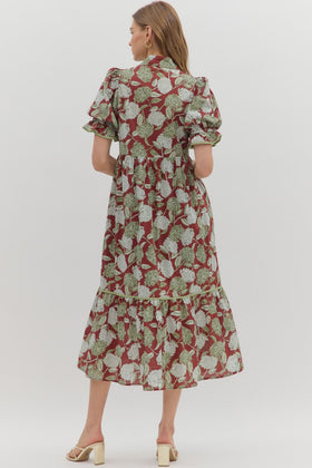 Floral Print Ruffle Finish Short Puff Sleeve Tiered Pullover Midi Dress