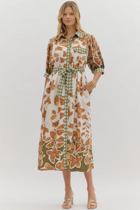 Botanical Print ¾ Sleeve Midi Shirt Dress