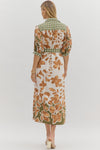 Botanical Print ¾ Sleeve Midi Shirt Dress