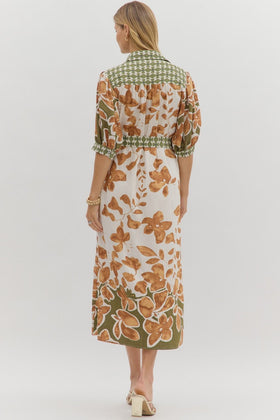 Botanical Print ¾ Sleeve Midi Shirt Dress