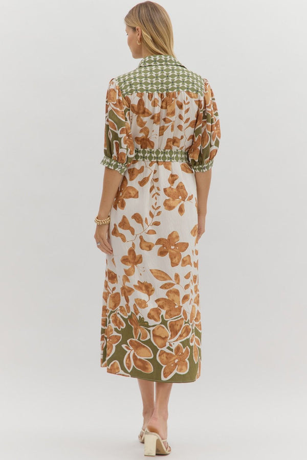 Botanical Print ¾ Sleeve Midi Shirt Dress