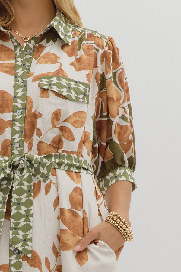 Botanical Print ¾ Sleeve Midi Shirt Dress