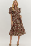 Floral Print Short Bubble Sleeve Ruffle Hem Midi Dress