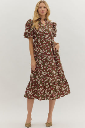 Floral Print Short Bubble Sleeve Ruffle Hem Midi Dress