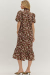Floral Print Short Bubble Sleeve Ruffle Hem Midi Dress