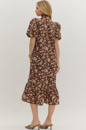 Floral Print Short Bubble Sleeve Ruffle Hem Midi Dress