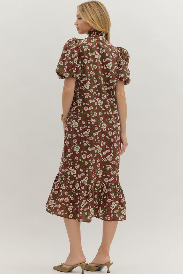 Floral Print Short Bubble Sleeve Ruffle Hem Midi Dress