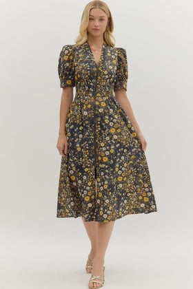 Floral Print Puff Shoulder SS Midi Dress