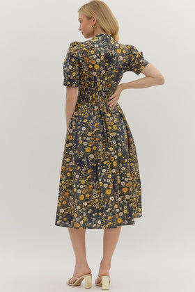 Floral Print Puff Shoulder SS Midi Dress