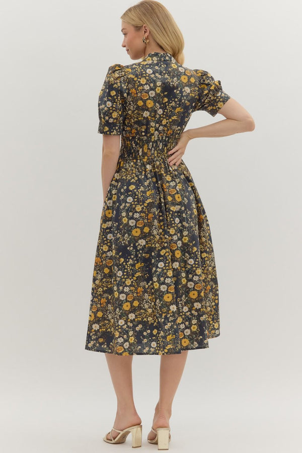 Floral Print Puff Shoulder SS Midi Dress
