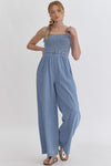 Denim Square Neck Sleeveless Jumpsuit featuring Smocking at Front and Back